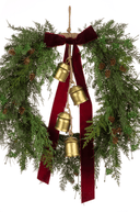 Cedar Wreath with Velvet Bow & Bells 66cm - The Irish Country Home