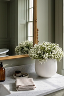 Faux White Baby's Breath in Ribbed Pot