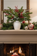 Decorative Christmas mantel with greenery, ornaments, and a white vase in front of a fireplace.